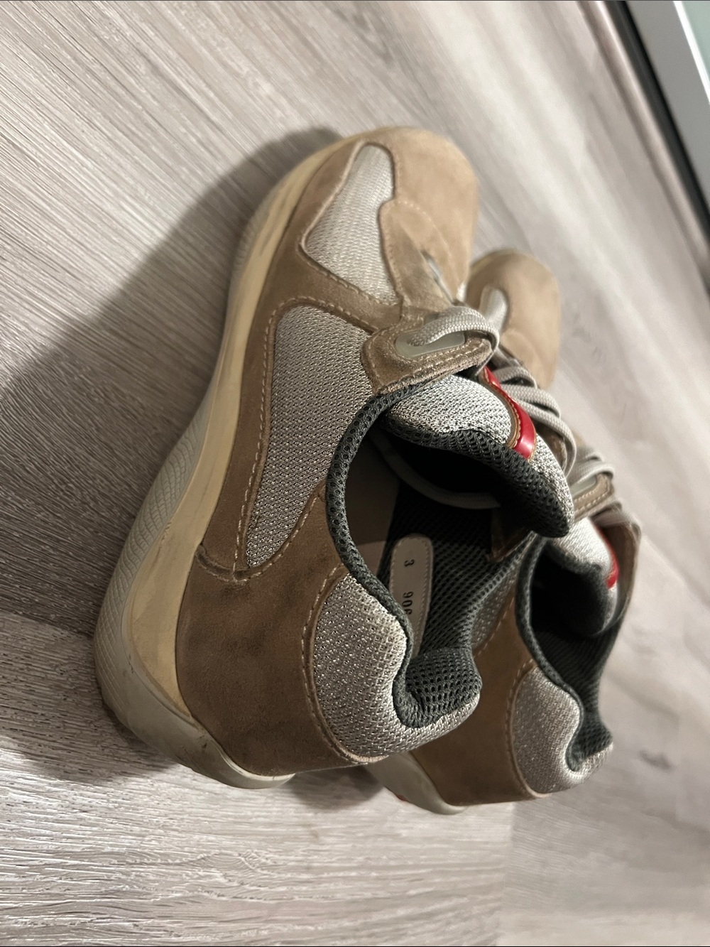 Prada Men’s Beige Suede and Gray Mesh Sneakers with Red Logo Tape - Picture 5 of 5